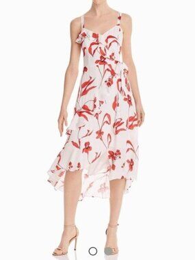 Parker White & Red Floral Ruffle Trim High-Low Dress (Size 6)